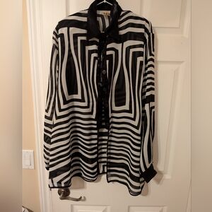 Vintage SAM. Black and White Geometric Sheer Button-Down Blouse